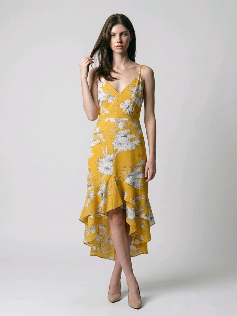 NWT Lulus Yellow Floral Ruffle Long Dress Small Hi-Low Sleeveless V-Neck